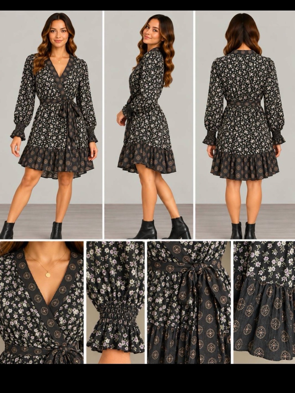Floral V-Neck Long Sleeve Wrap Dress in Black woman size S 100% rayon